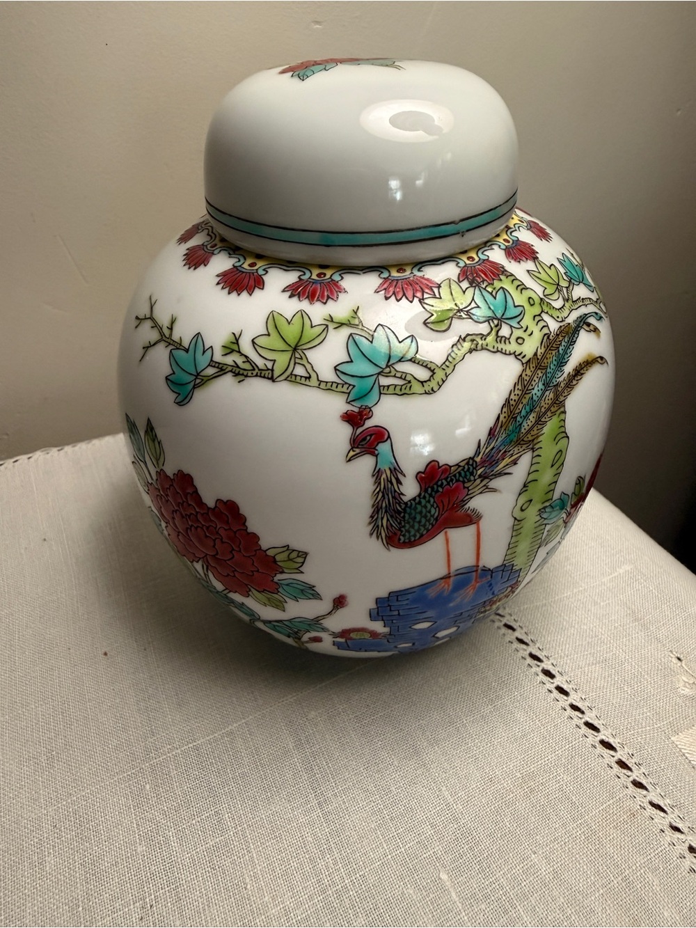 Hand-Painted White Porcelain Ginger Jar with Multicolor Floral & Phoenix Motif